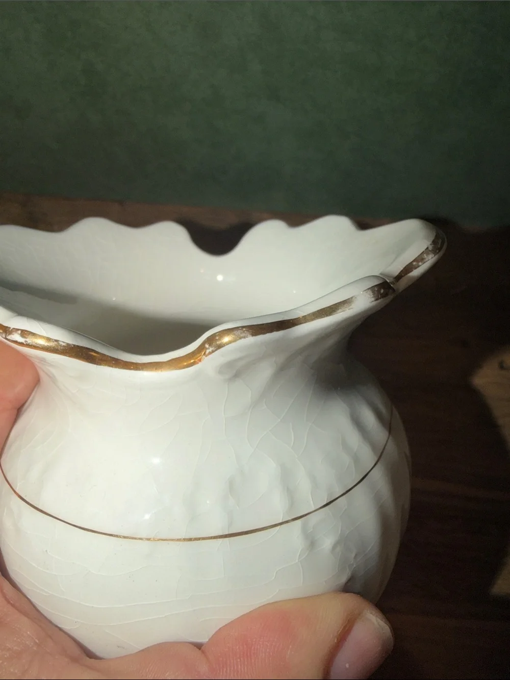 Smith Phillips Fenix White Ceramic Scalloped Rim Vase with Gold Trim